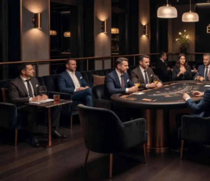 Lágy esti világítású lounge tér, ahol blackjack asztalok és bár ülőhelyek váltják egymást a Flavor House kaszinói étteremben