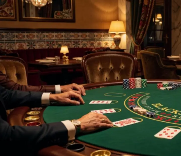 Fizikai blackjack asztal zöld posztóval, kártyákkal és zsetonokkal a Flavor House étteremben
