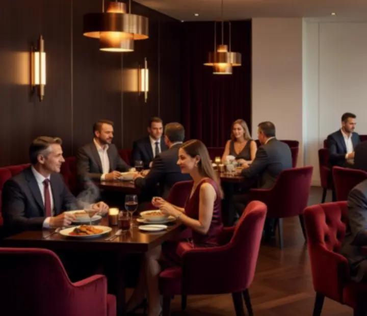 Elegáns éttermi tér, háttérben pókerasztalokkal és kaszinói lounge hangulattal
